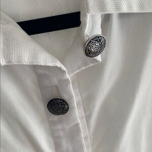 Ravel White Dress Shirt for women - silver tone filigree buttons on top.